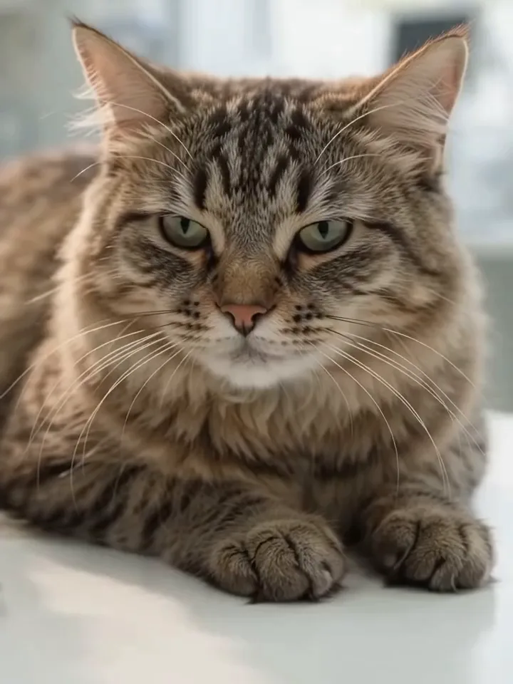 Gato atigrado tranquilo y bien arreglado, recostado sobre la mesa de la clínica